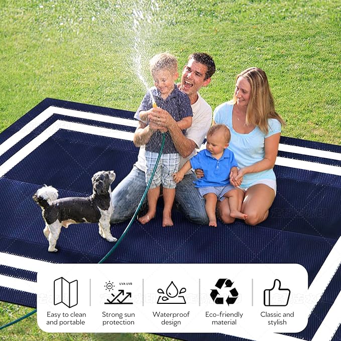 5'x 8' Outdoor Rug,Waterproof Reversible Patio Rugs,5x8 ft Plastic Straw Outdoor Carpet Foldable Plastic Camping Mat for Outside RV, Patio,Picnic,Camper,Balcony,Porch(Navy Blue &White)
