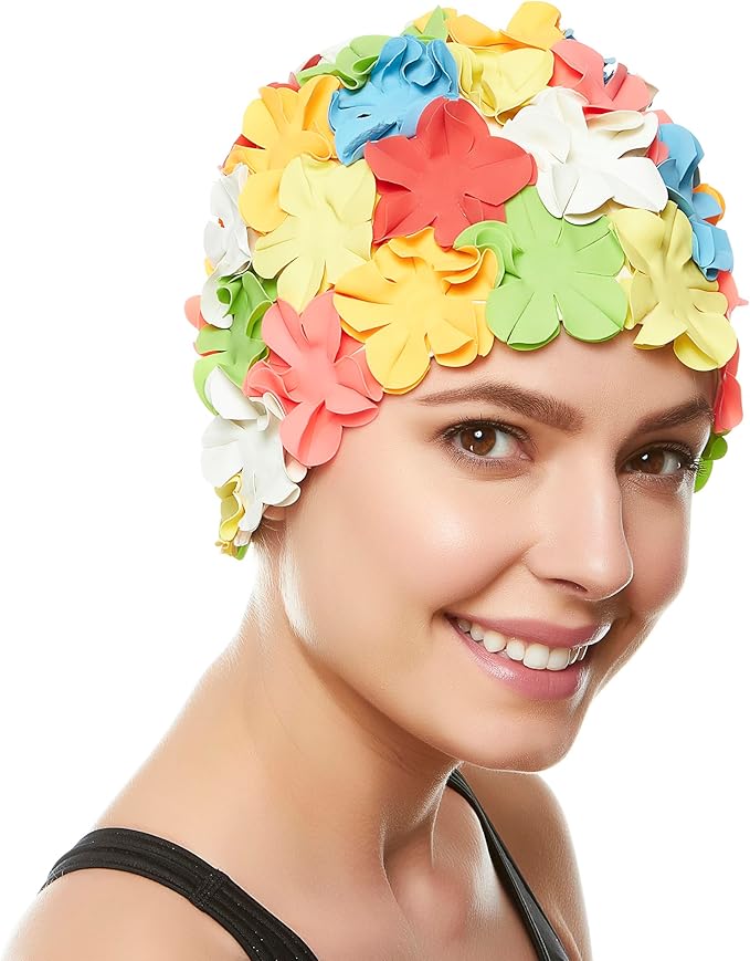 BeeMo Women’s Latex Swim Cap - Rubber Swim Cap - Soft Comfortable Stretch Stylish Low Cut Design Protects Hair from Sun Sa...