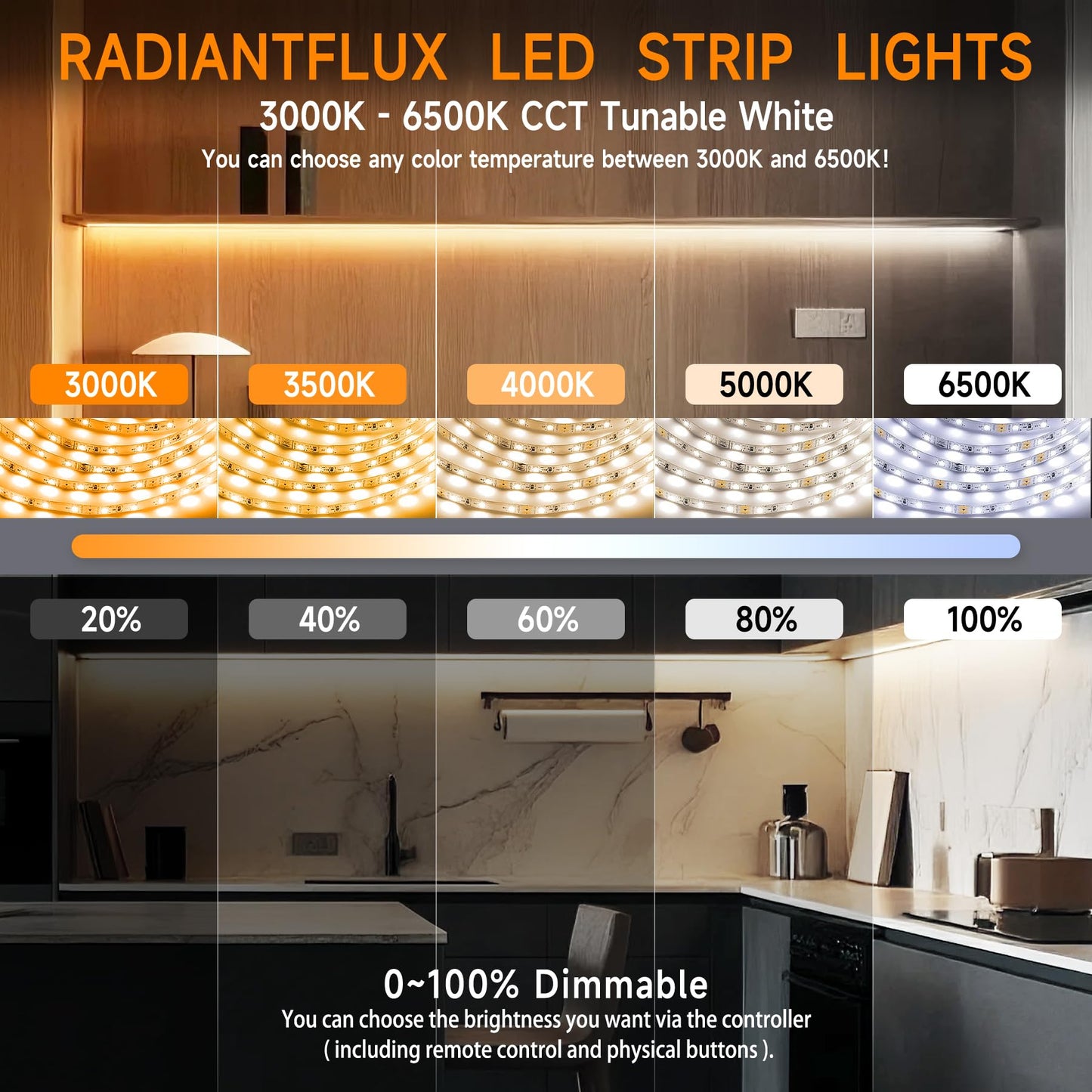 RadiantFlux 32.8ft LED Strip Light with Remote, 3000K-6000K Dimmable Bright Warm White Led Lights Strip, Flexible DC24V Led Tape Light for Bedroom, Kitchen, DIY Lighting