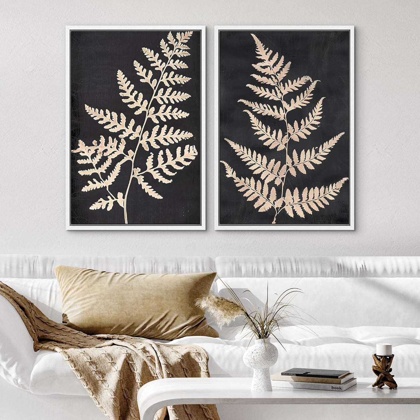 SIGNWIN Framed Canvas Print Wall Art Vintage Fern Leaf Silhouettes Natural Botanical Rustic Illustrations Modern Art Decorative Contemporary for Living Room, Bedroom, Office - 24"x36"x2 White
