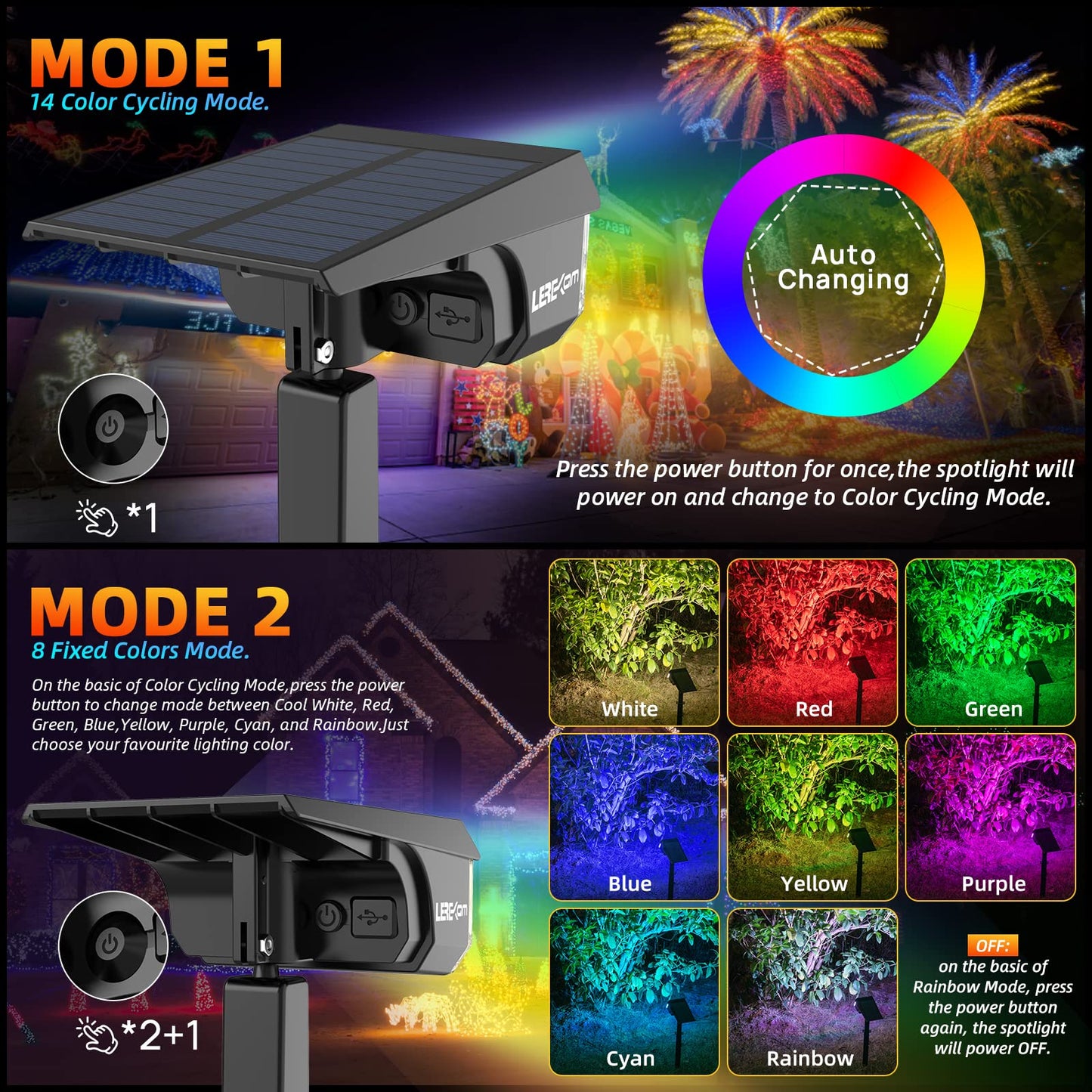 LEREKAM Solar Spot Lights, IP65 Waterproof, 9 Light Modes, 10 Pack, Multicolor, Outdoor-Spotlights-C2