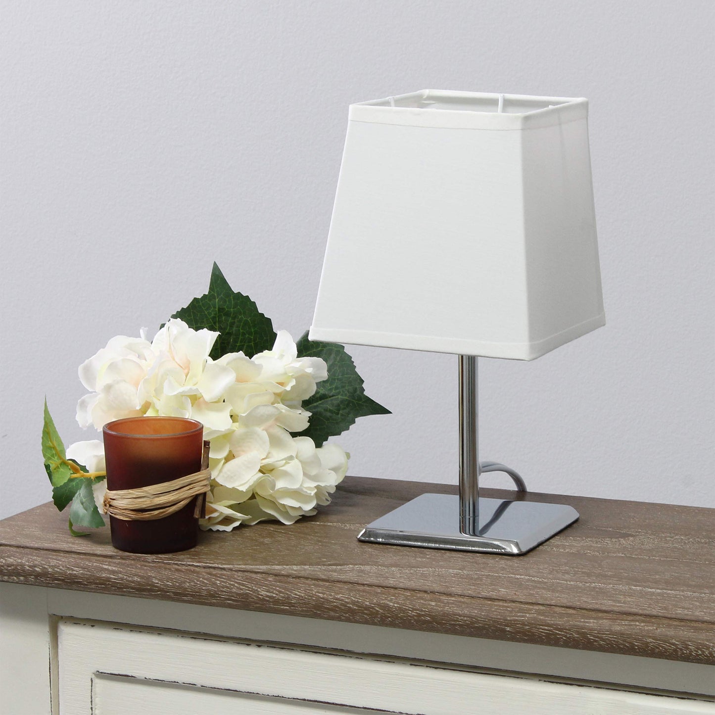 Simple Designs Mini Table Lamp, Lt2062-Wht, Metal, White, Squared Empire Fabric Shade, Pack Of 1