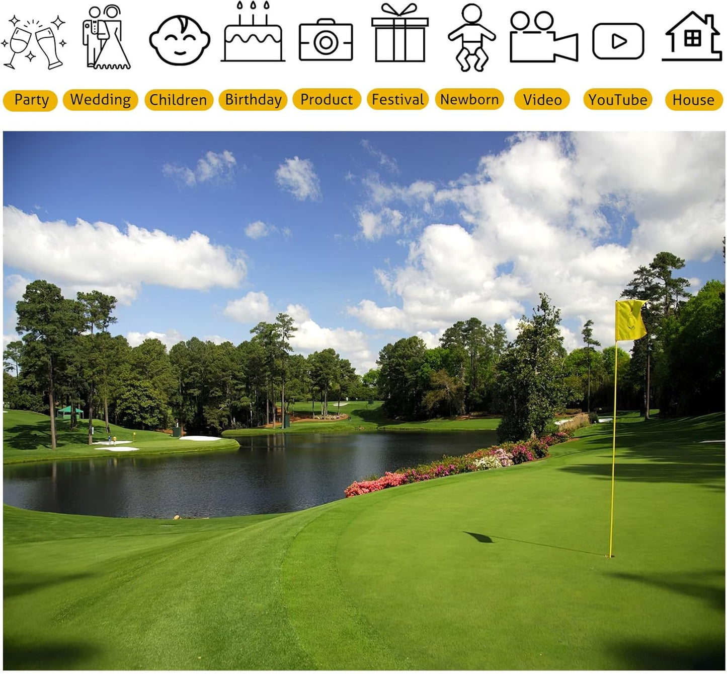 Golf Course Backdrop 12x8ft Green Grass Bush Stake Hole Water Hazard Backgrounds Golf Theme Sports Party Decorations Holiday Vacation Banner Photo Shoot Props