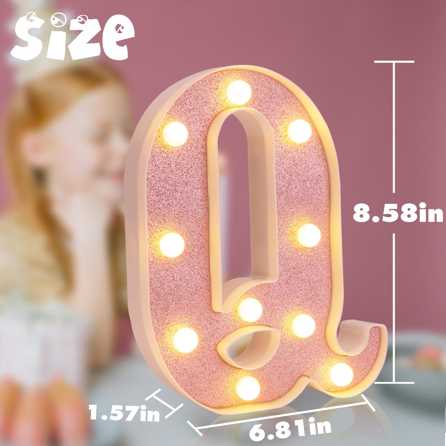 DyingSwan Small LED Marquee Letter Q, 8.58 Inch Lighted Sign, Pink Glitter, Battery Powered Plastic Decor for Party and Christmas