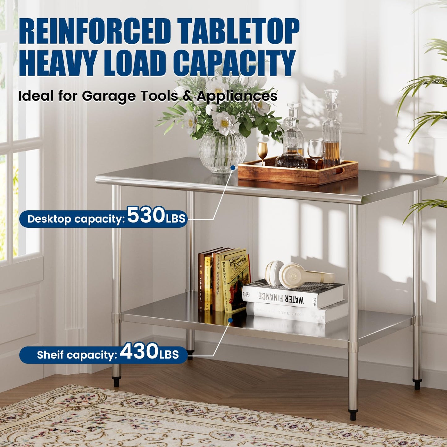Stainless Steel Work Table 30 x 60 Inch with Adjustable Undershelf, Heavy-Duty Metal Prep Table for Commercial Kitchen & Restaurant, Garage, Outdoor