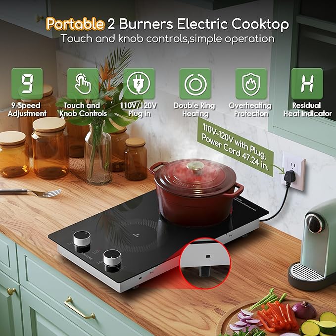 12 Inch Electric Cooktop with 2 Burner,110V-120V, 1800W,Plug in Electric Stove Top with Countertop Support Frame‌,Countertop & Built-in,Glass Radiant Cooktop with Knob & Touch Control