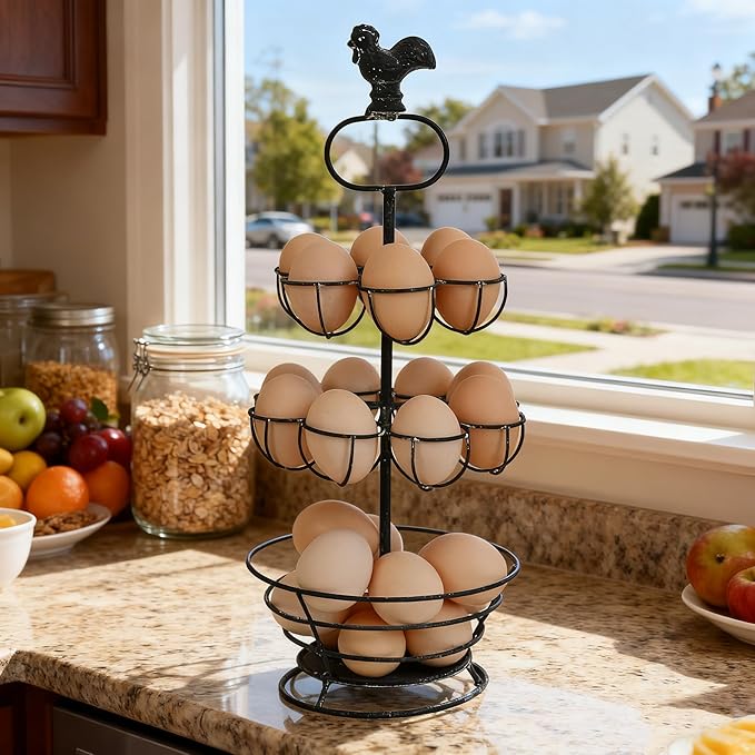 Vintage White Metal Egg Holder with Rooster Top - 2-Tier & Bottom Basket Design, Farmhouse Distressed Decor Egg Storage Rack for Kitchen Countertop Decor (Distressed Black)