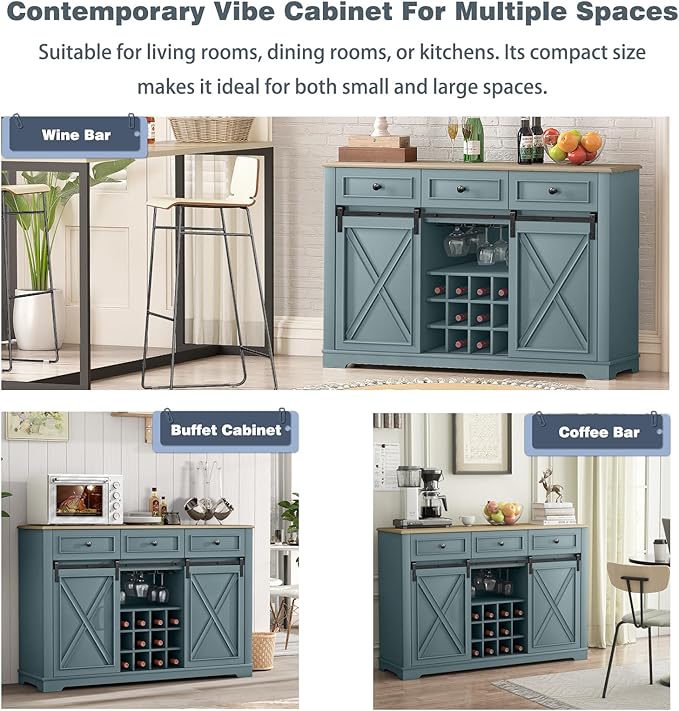 Contemporary Wine Bar Cabinet with Storage, Liquor Cabinet with Rack for Inside Cabinet, Coffee Bar Cabinet with Sliding Barn Door, Buffet Table for Kitchen, Living Room, 54 Inch (Dawn Blue)
