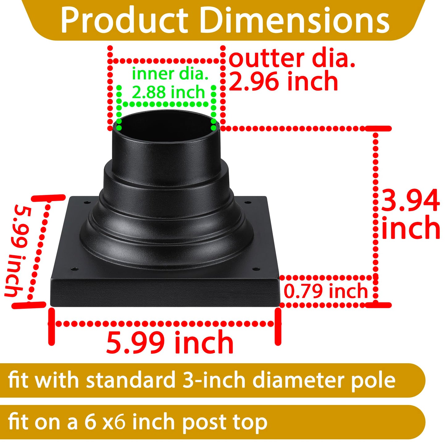 Faymart Lighting 2-Pack Square Anchor Base For Post Mounted Outdoor Lamps Aluminum Alloy Pedestal Mount Base For Stone Walls  Matte Black 6X6 Post Cap Adapter  3 Inch Pole Fitter
