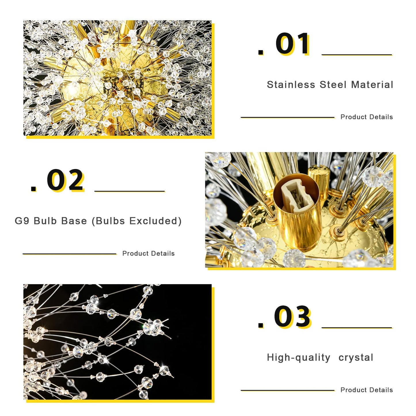 Qamra 16-Light Modern Crystal Gold Sputnik Chandelier, Firework Dandelion Pendant Light For Dining Room, Bedroom, Kitchen, Living Room