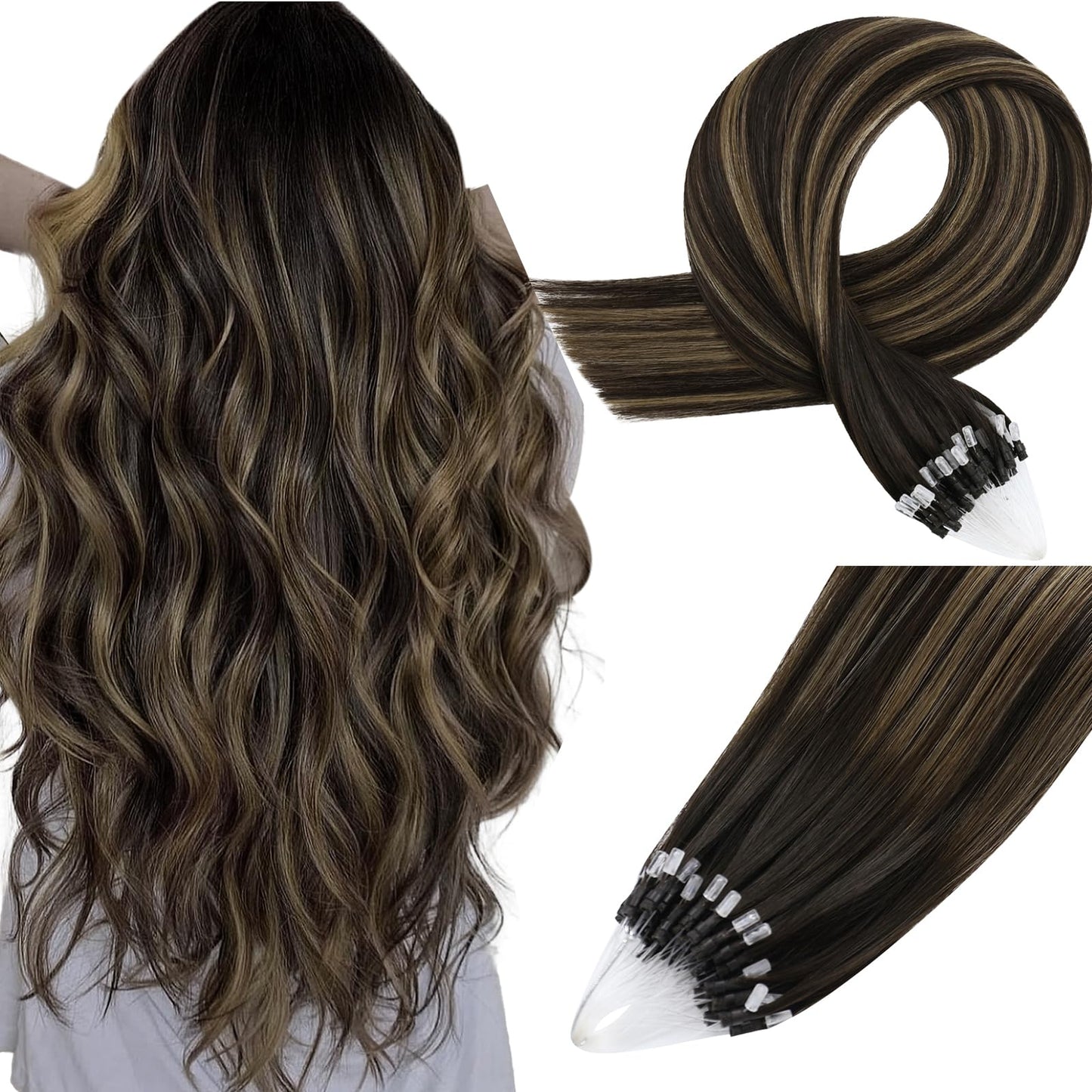 Easyouth Micro Loop Hair Extensions Balayage Micro Hair Extensions Human Hair Dark Brown with Medium Brown Balayage Micro Ring H