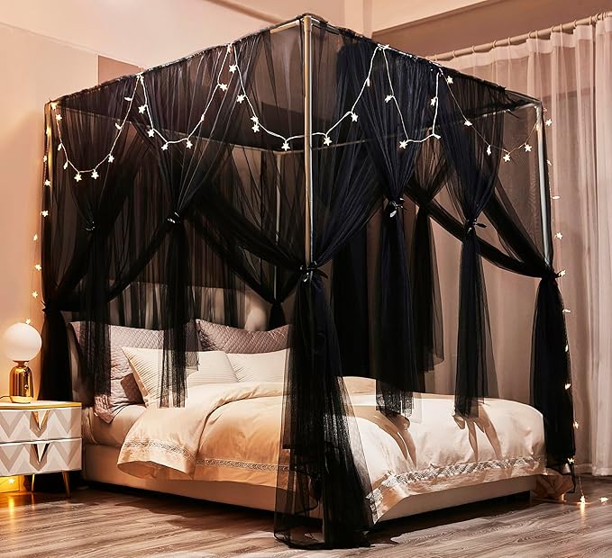 Mengersi Bed Canopy Canopy Bed Curtains with Lights- 4 Corners Post Royal Bed Drapes Mosquito Net- Elegant Bedroom Decoration Accessories for Adults(Full,Black)