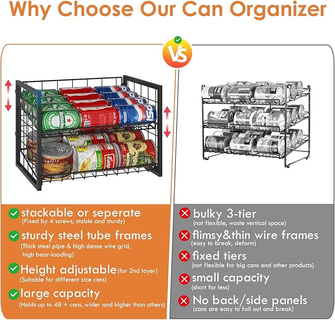 X-cosrack 2 Packs Stackable Can Rack Organizer for Pantry, 2-Tier Adjustable Pantry Can Storage Organizer for Canned Food Can Goods, Kitchen Can Dispenser Holder for Soda Drinks Snack, Black