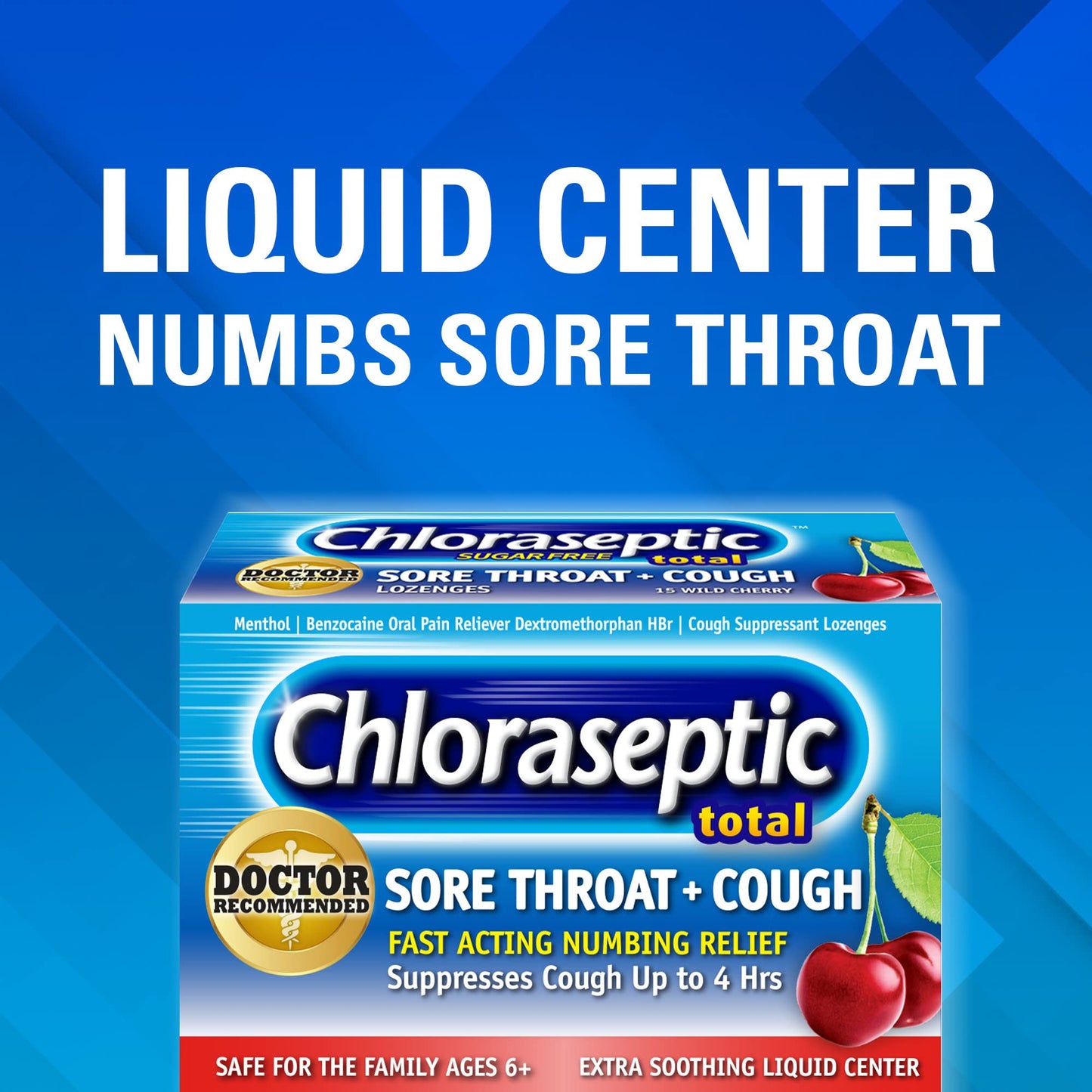 Chloraseptic Total Sore Throat + Cough Lozenges, Sugar-Free Wild Cherry Flavor, 15 CT, 6 Pack