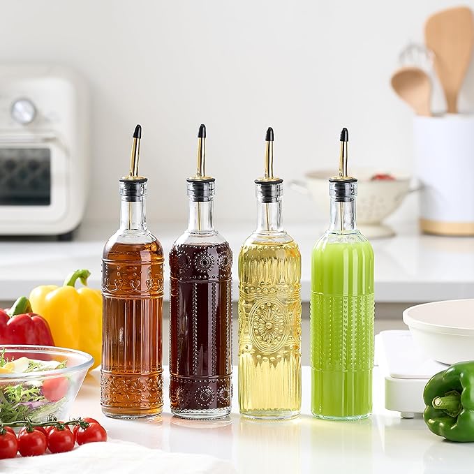 4 Pcs Olive Oil Dispenser Bottle for Kitchen,17oz Clear Glass Oil and Vinegar Dispenser Bottle Set, Classic Coffee Syrup Dispenser with 4 Stainless Steel Spouts and 1 Funnel (Style C, Gold)