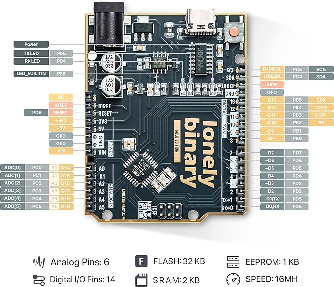 UNO R3 Development Board Gold Edition ATmega328P Type-C Board Compatible with Arduino IDE