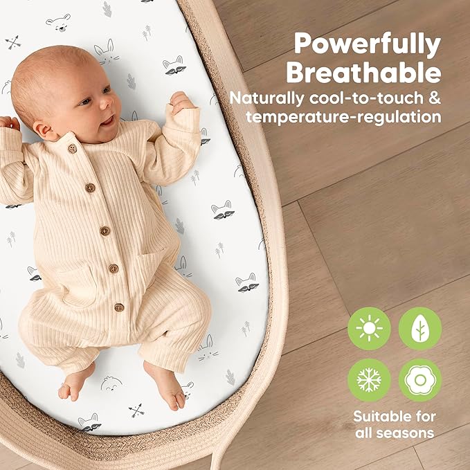 2-Pack Baby Bassinet Sheets Girl, Boy - 33x17 Viscose Derived from Bamboo Bedside Mattress Fitted Bassinet Sheets, Compatible with Halo Bassinest Swivel Sleeper, Baby Delight, Graco (Nordic)