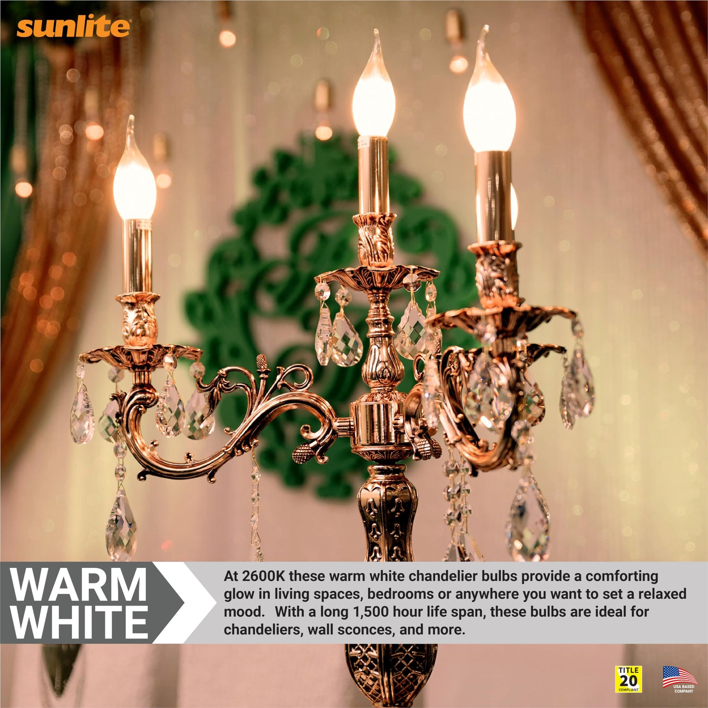 Sunlite Flame Tip Chandelier Light Bulbs, E12 Candelabra Base, 120V, Dimmable, 2600K Warm White, Glass, 1 Pack