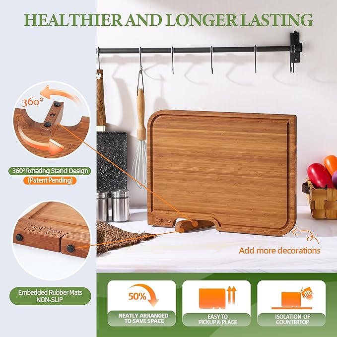 4-PCS Bamboo Cutting Board Set, Wood Cutting Board for Kitchen with Innovative Stand, Juice Groove & Handle, Double Sided for Chopping & Charcuterie Board, Kitchen Gift for Home Cooks, For Meat &Fruit