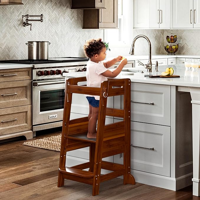 TOETOL Bamboo Toddler Kitchen Step Stool Helper Standing Tower Height Adjustable with Anti-Slip Protection