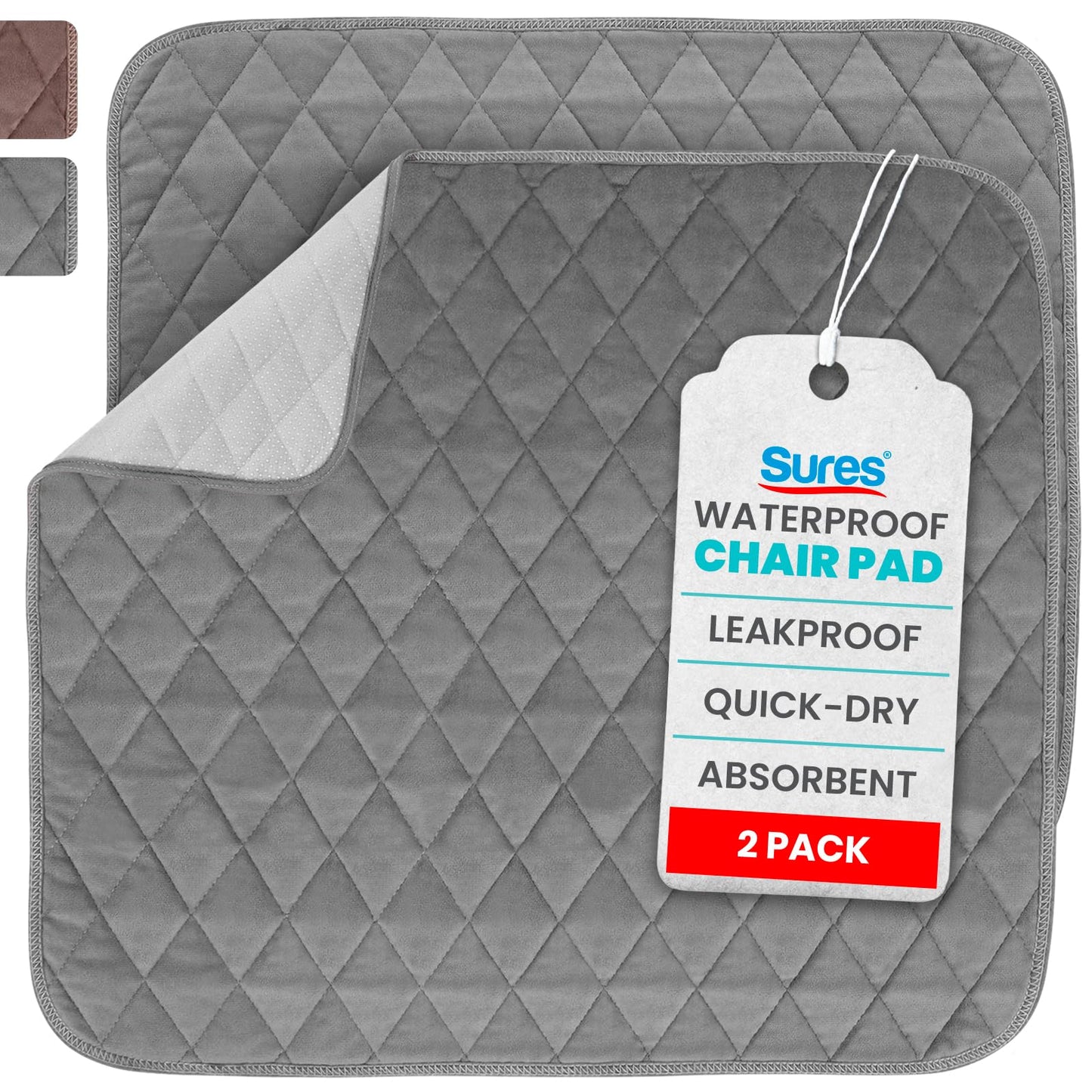 Sures Waterproof Chair Pads for Incontinence (22" x 21") - Washable, Waterproof Seat Protector - Chair Protector Seat Cover - Absorbent Pad for Bed, Seat, Car, Wheelchair & Recliner (Gray, 2 Pack)