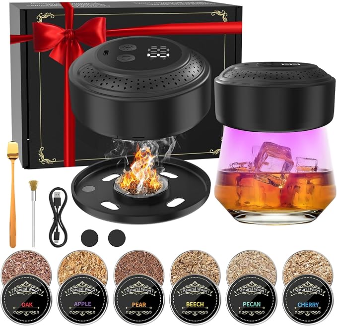 Electric Whiskey Smoker Kit - 6 Wood Chip Flavors, Built-in Lighter&Ambient Light, No Butane Needed Rechargeable Cocktail ...