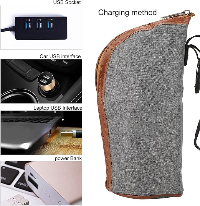 Milltrip USB Bottle Heated Cover - Portable Milk Warmer Bag with Adjustable Heating (37-42°C), Fits Most Baby Bottles - Fast & Even Heating for Travel, Car & Home Use (Gray)