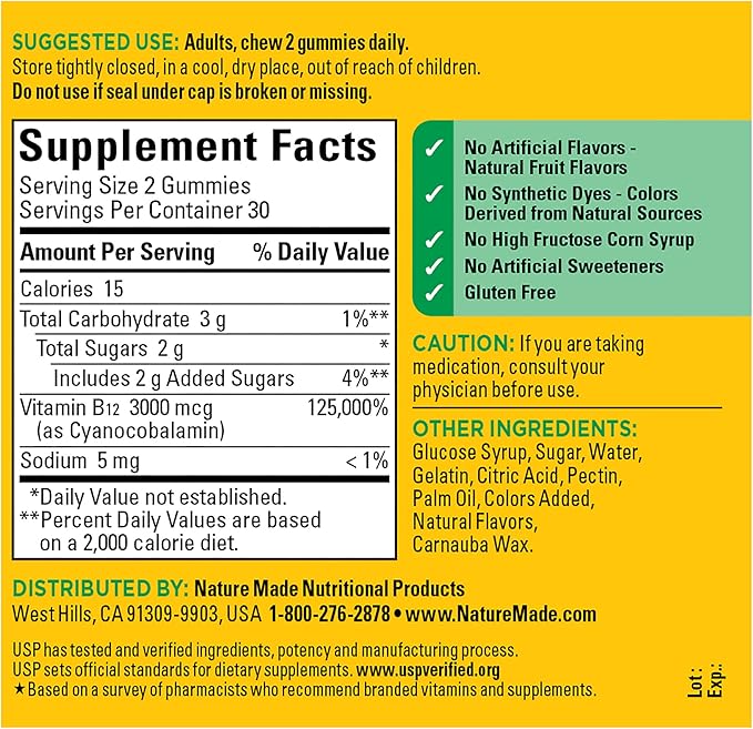 Nature Made Extra Strength Vitamin B12 Gummies, 3000 mcg per serving, B12 Vitamin Supplement for Energy Metabolism Support, 60 Gummy Vitamins, 30 Day Supply