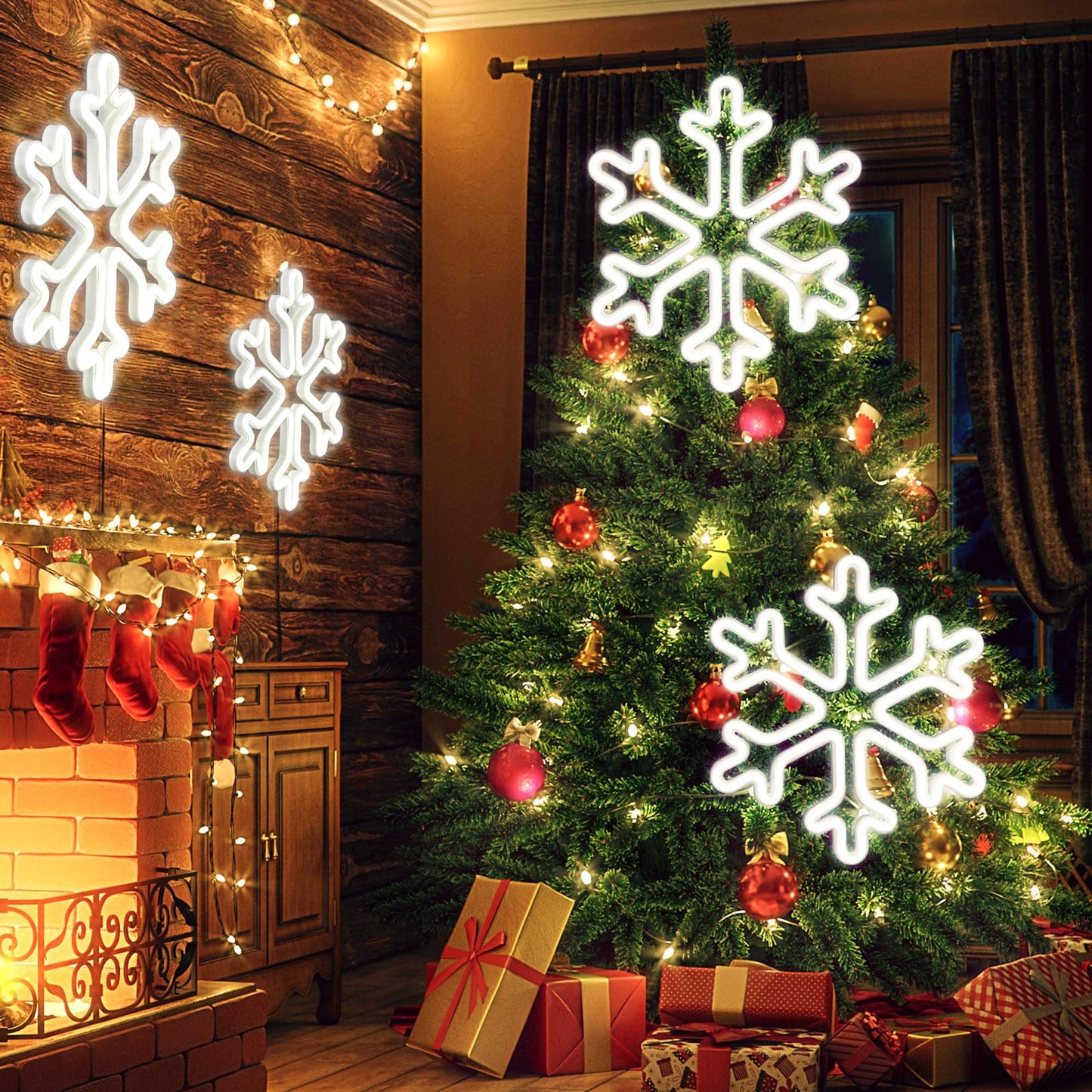 Vihose 4 Pcs Large Christmas Window Snowflake Lights 12 Inches Battery Powered Led Neon Hanging Lights Snowflake Shaped Sign Decorations For Xmas Tree Holiday Wall Porch Indoor Outdoor Decor