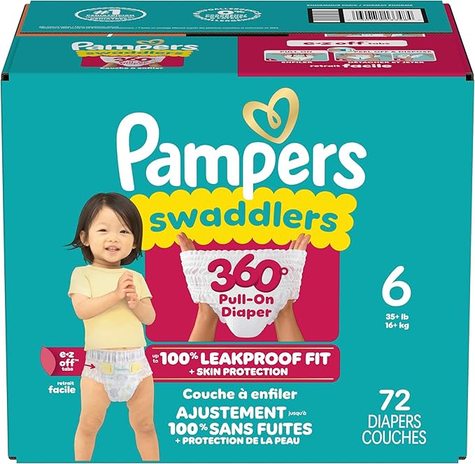 Pampers Diapers - Swaddlers 360° - Size 6, 72 Count, up to 100% Leakproof Comfy Dry Fit, Designed for Easy Changes, Pull On Baby Diaper (Packaging May Vary)