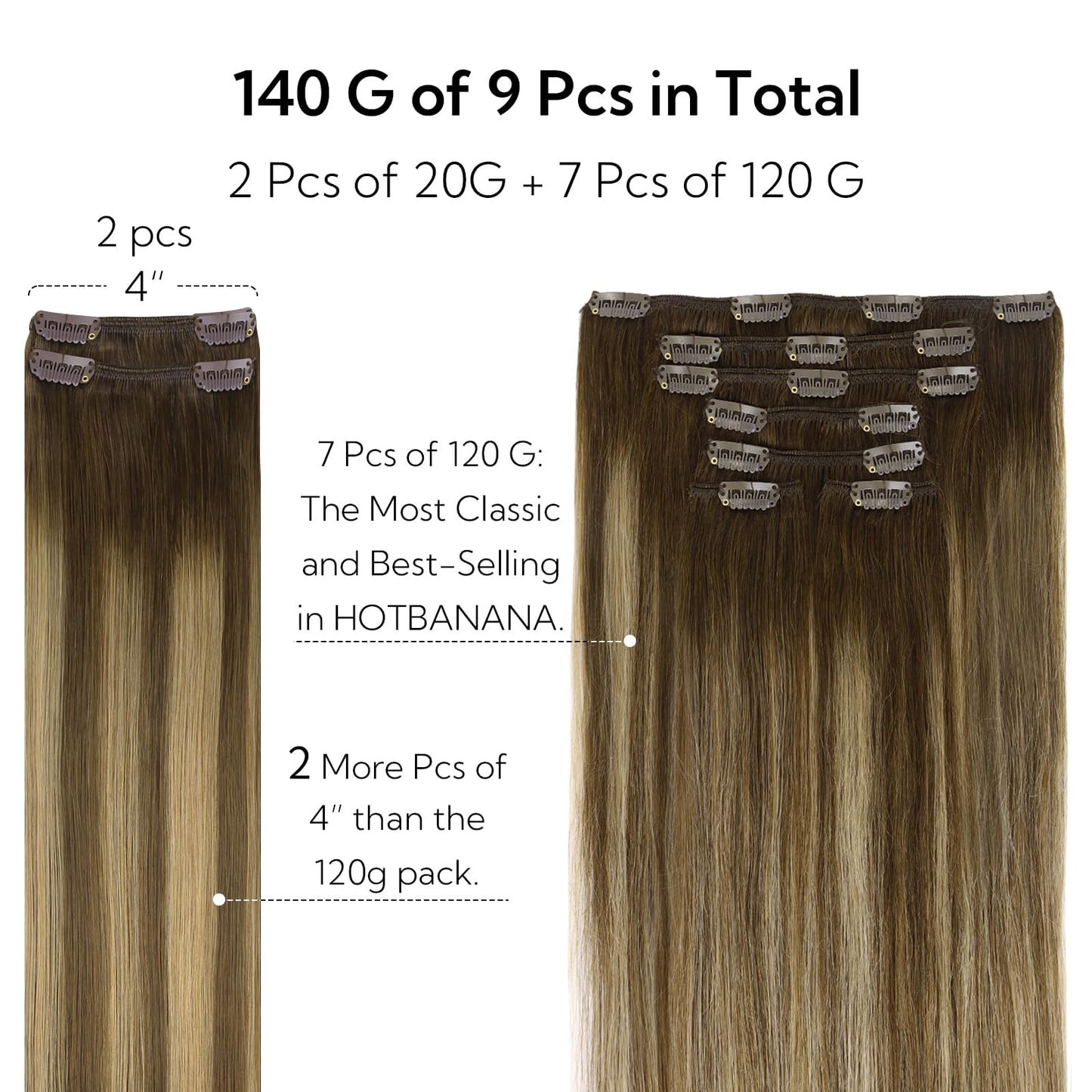 HOTBANANA Clip in Hair Extensions Real Human Hair, 135g 9pcs 16 inch Chocolate Brown with Honey Blonde Straight Remy Clip in Ext