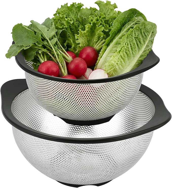 Rorence Stainless Steel Colanders Set for Kitchen - 2.5 and 4.3 Quart Capacities Kitchen Strainer Set of 2 with Black Non-Slip Handles
