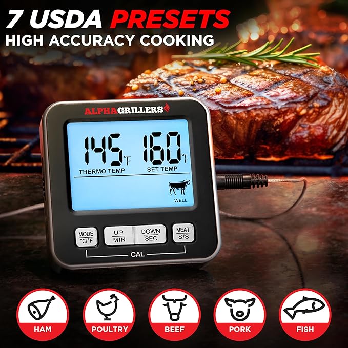 Alpha Grillers Oven Thermometer Probe - Turkey Thermometer Oven Safe Leave in Digital Meat Temperature Probe for Fryer - 7 Preset Temperature Alerts, Timer, & Alarm