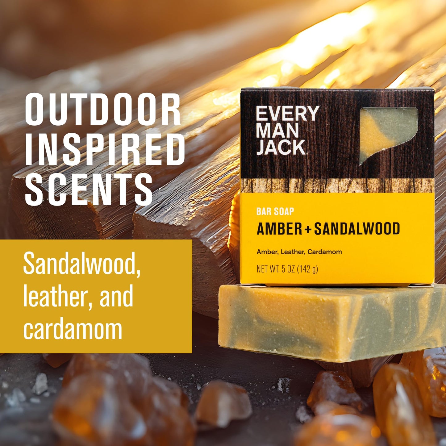 Every Man Jack Cold Processed Mens Bar Soap - Subtle Amber + Sandalwood Scent - Deeply Cleans & Hydrates w/Naturally Derived Ing