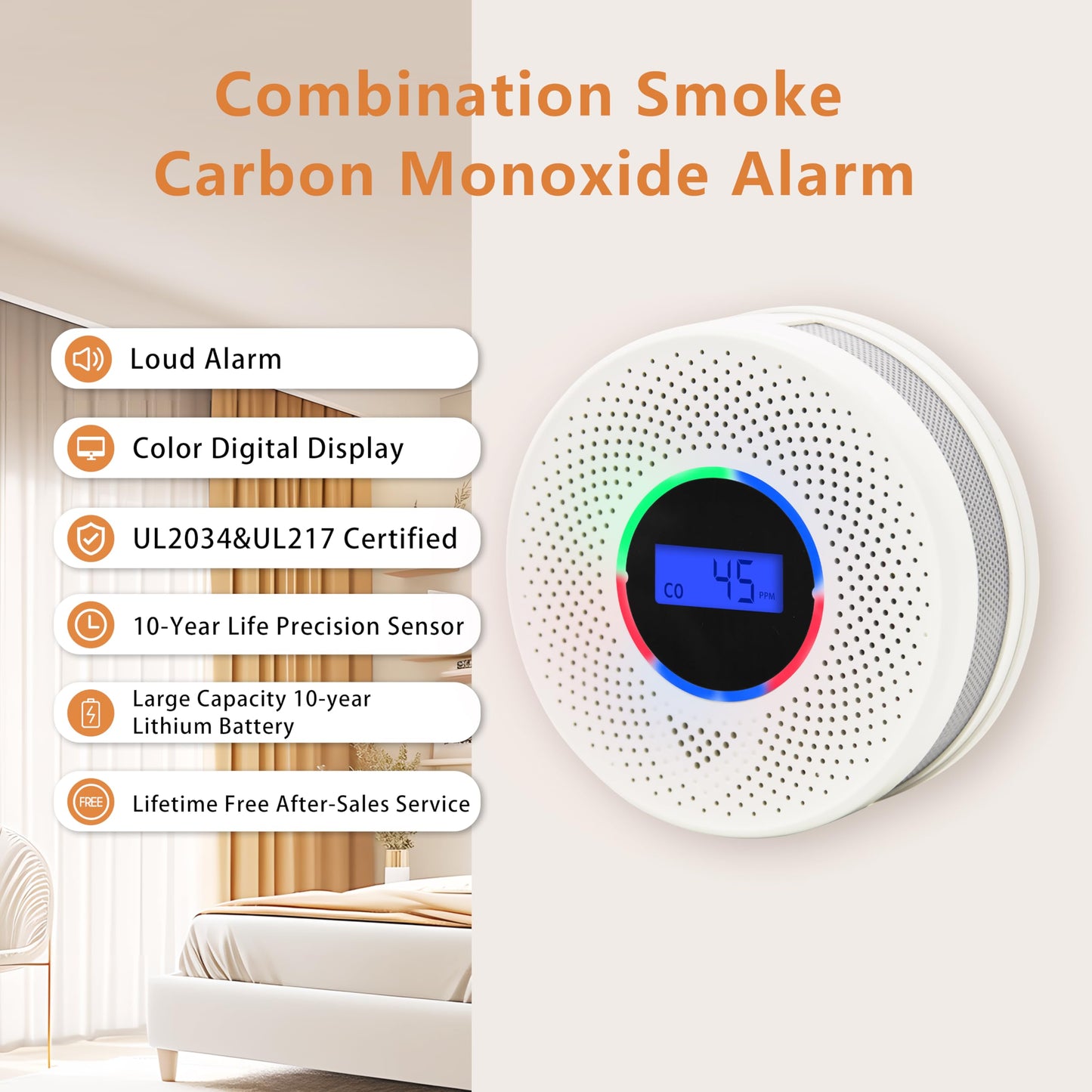 10-Year Battery Smoke and Carbon Monoxide Detector, 2-in-1 Smoke CO Alarm with Digital Display, Reliable Fire and CO Alarm for Home, Bedroom, Kitchen (6 Pack)