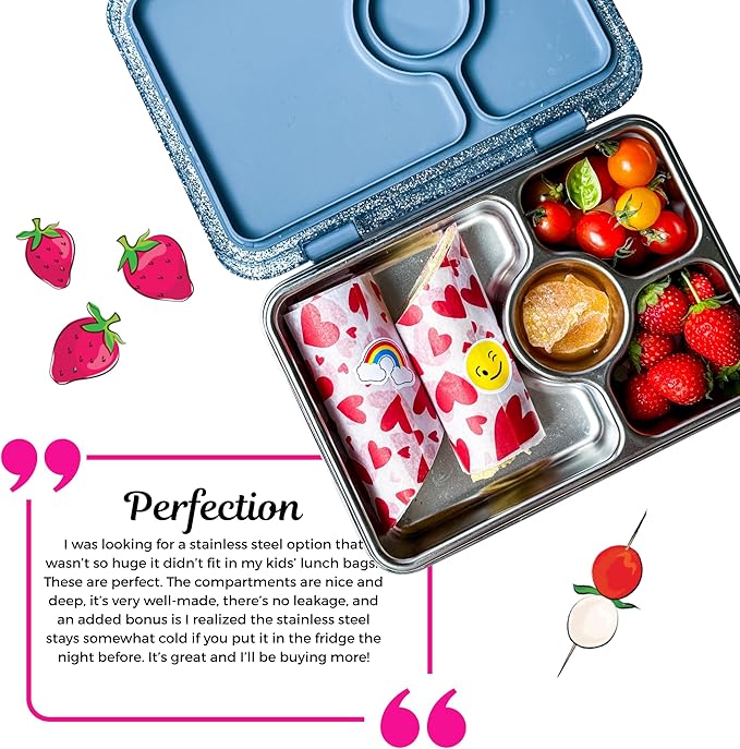 Yumbox Prêt Stainless Steel Leakproof Bento Lunch Box – 3-Compartment, Sandwich-Friendly Tray for Kids & Adults, Reusable, BPA-Free, Easy Open Latch (Paris Blue Glitter)