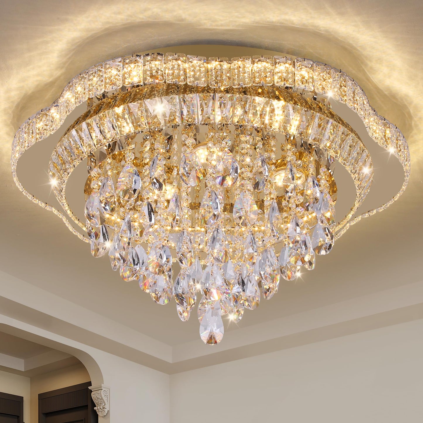 OSGNER 24in Gold Crystal LED Flush Mount Chandelier with Remote Control, 3-Color Dimmable, Modern Flower Design, Model X505-24-GD