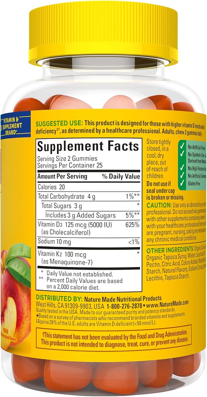 Nature Made Vitamin D3 K2 Gummies, Vitamin D3 5000 IU per serving, Bone, Teeth, Muscle, Immune Health Support, 50 Vitamin D + K2 Gummy Vitamins, 25 Day Supply