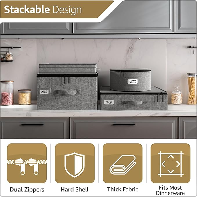 Sorbus China Storage Containers Hard Shell - Glass & Dish Storage Containers for Transport, Moving, Party - 8 Pc Stackable Plate Storage Set for Dinnerware, Mugs, Cups - Felt Plate Protectors Included