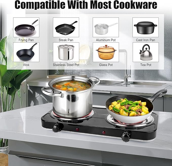 Double Hot Plate, 2000W Portable Countertop Burner & Electric Stove, 5-Level Temp Cast Iron Double Burner Cooktop for Home/RV/Camping (Black)