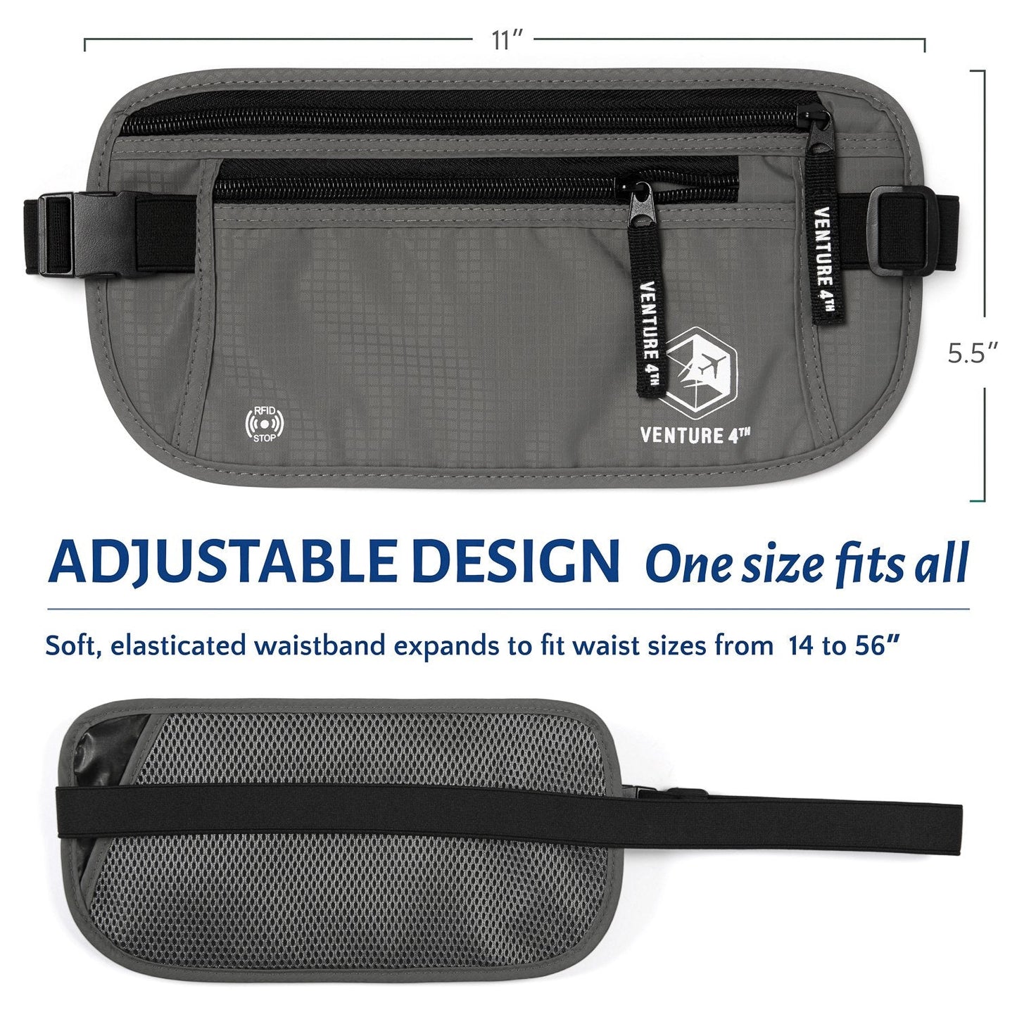 VENTURE 4TH Slim Minimalist Design RFID Money Belt with RFID Blocking Sleeves, for Men and Women – Ideal for Keeping Your Cash, Credit Card, Passport, Phone Secure When Traveling - Gray