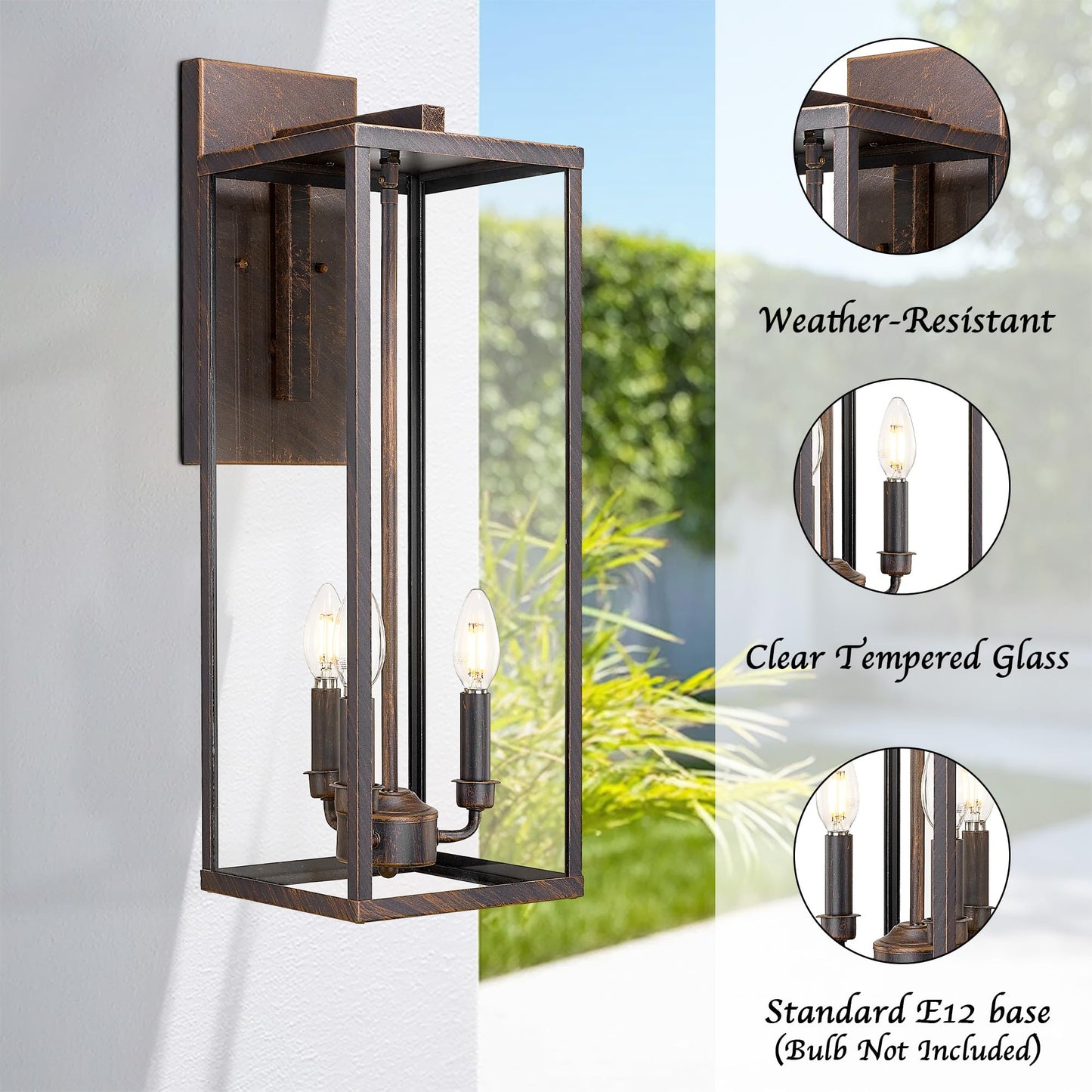 Bestshared Outdoor Wall Lantern, 24in Tall, Metal, Rust, Model 4176, Clear Glass, Anti-Rust, Exterior Lighting Fixture for Porch/Patio