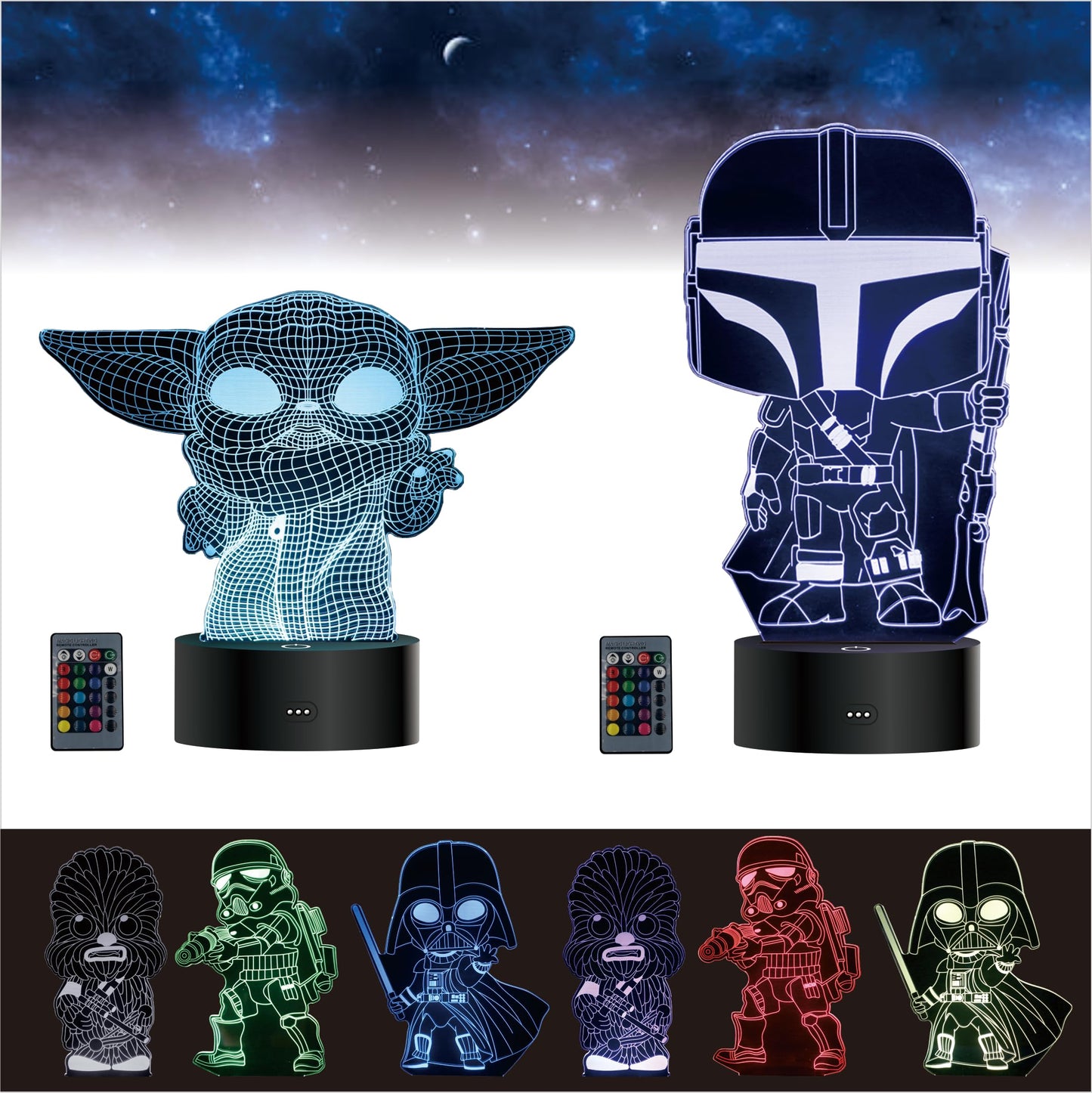 MOSSOM 3D Illusion Lamp - Baby Yoda Night Light, 7 Color Change, Large, Black, Star Wars Gifts for Kids and mature-themeds