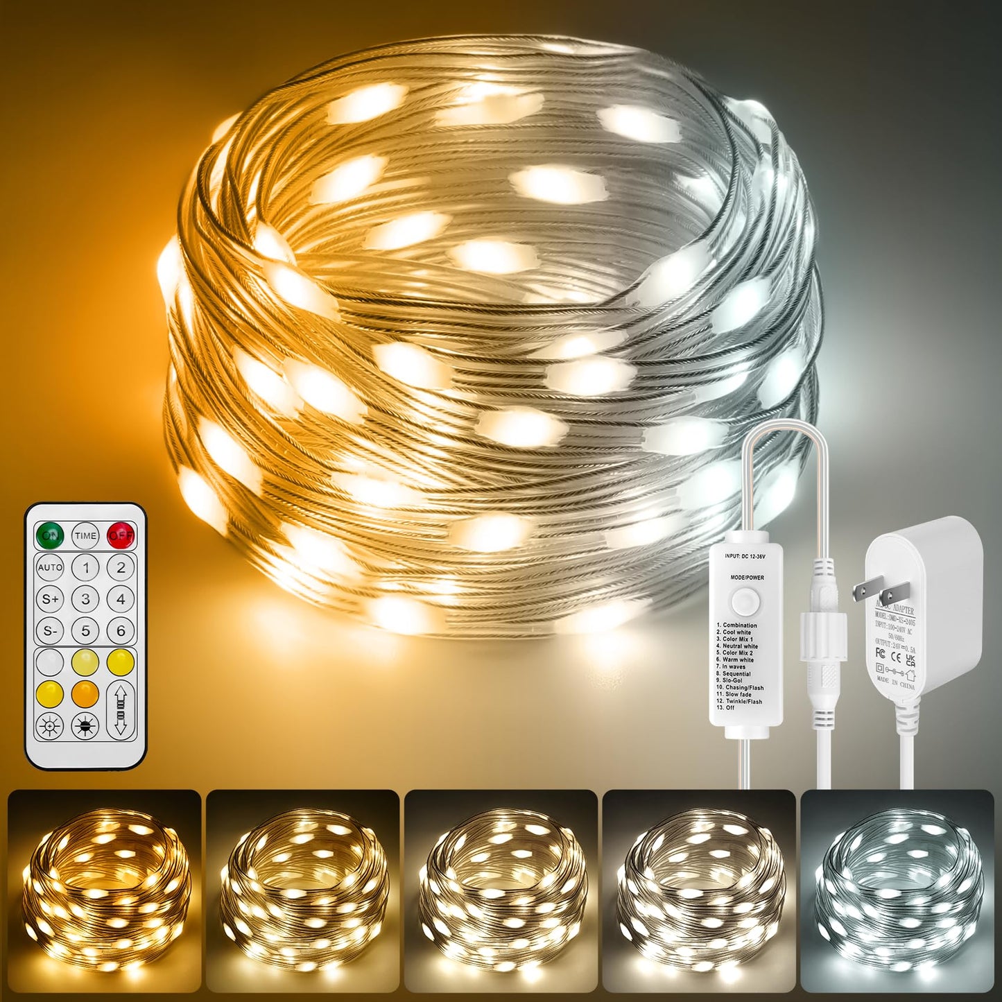 HOUHUI Fairy Lights, 100Ft Waterproof LED String Lights, 2700K-6500K Tunable White, 8 Modes, Remote Control, Model TW-15M