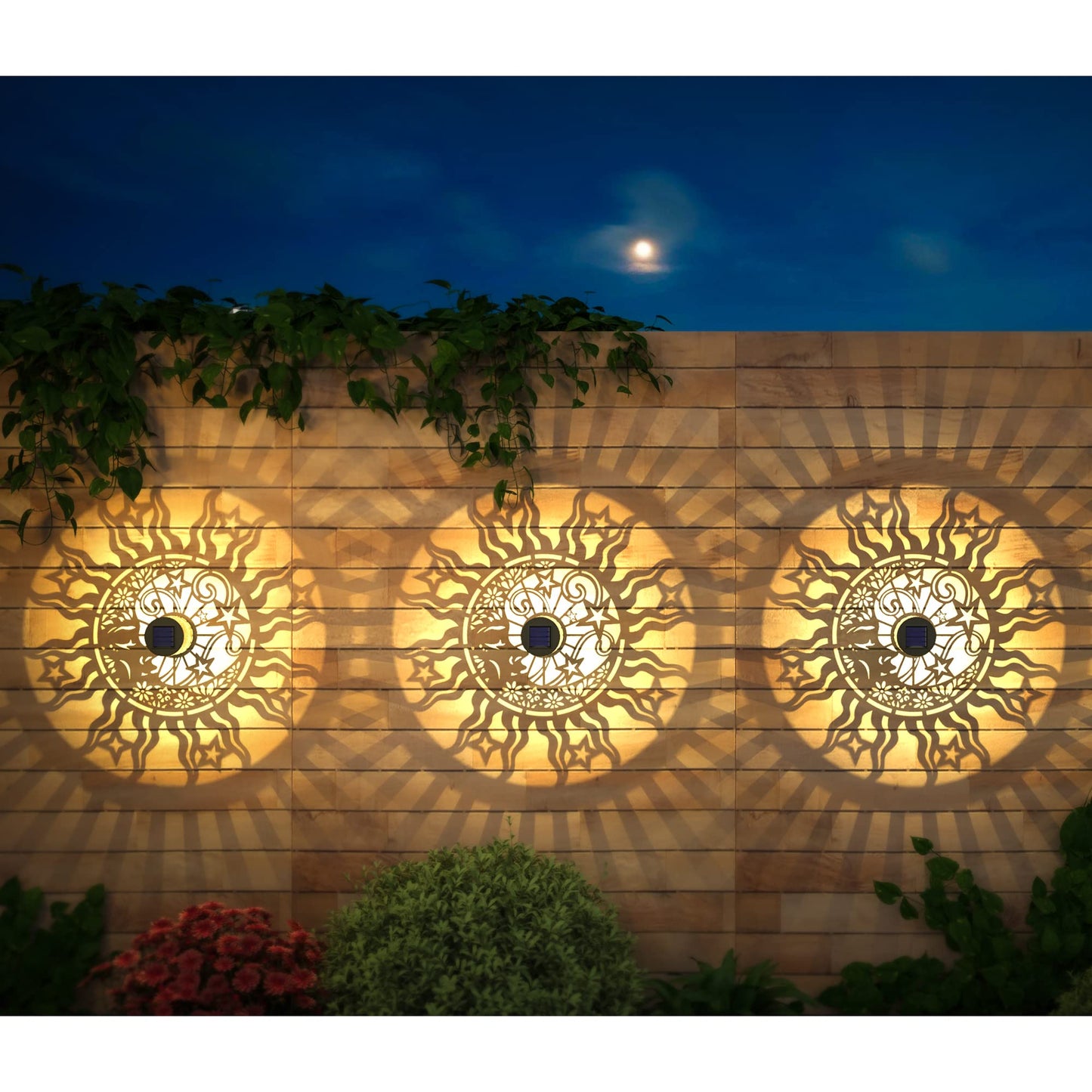 gardencave Solar Fence Lights, Metal, Waterproof, Sun Moon Theme, 2 Pack, Face, Model TIH03 for Outdoor Garden Decor