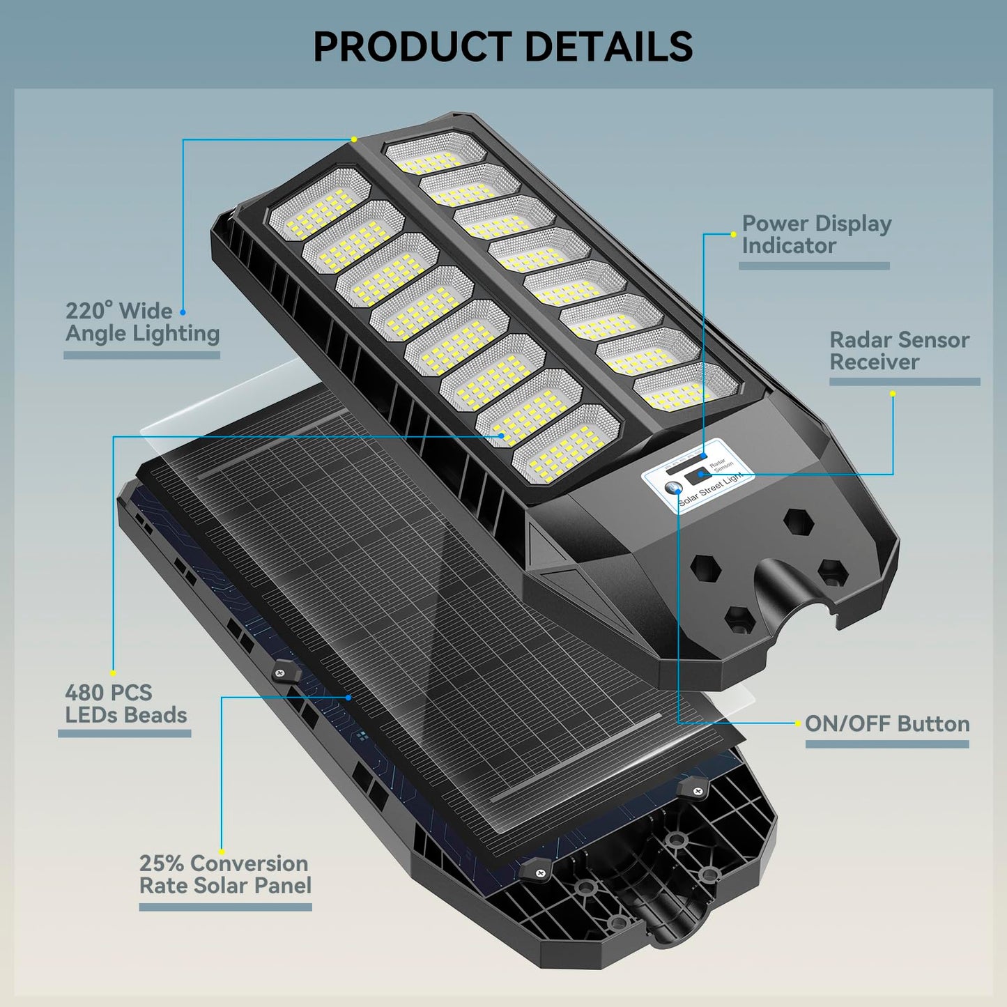 VOOJOY Solar Street Lights Outdoor, 8000W Dusk to Dawn, Waterproof, Motion Sensor, Remote Control, 6500K, Black, 2 Pack, Model GSTJ1600
