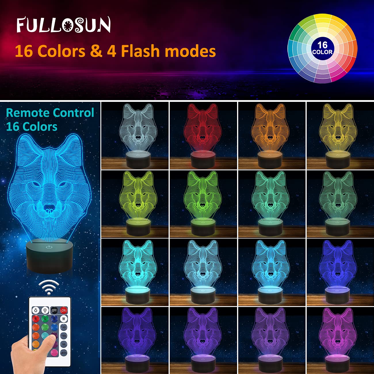 FULLOSUN 3D Wolf Night Light, Acrylic Optical Illusion Lamp, Remote Controller, 16 Color Changing, Model FS-3242, Blue-Wolf