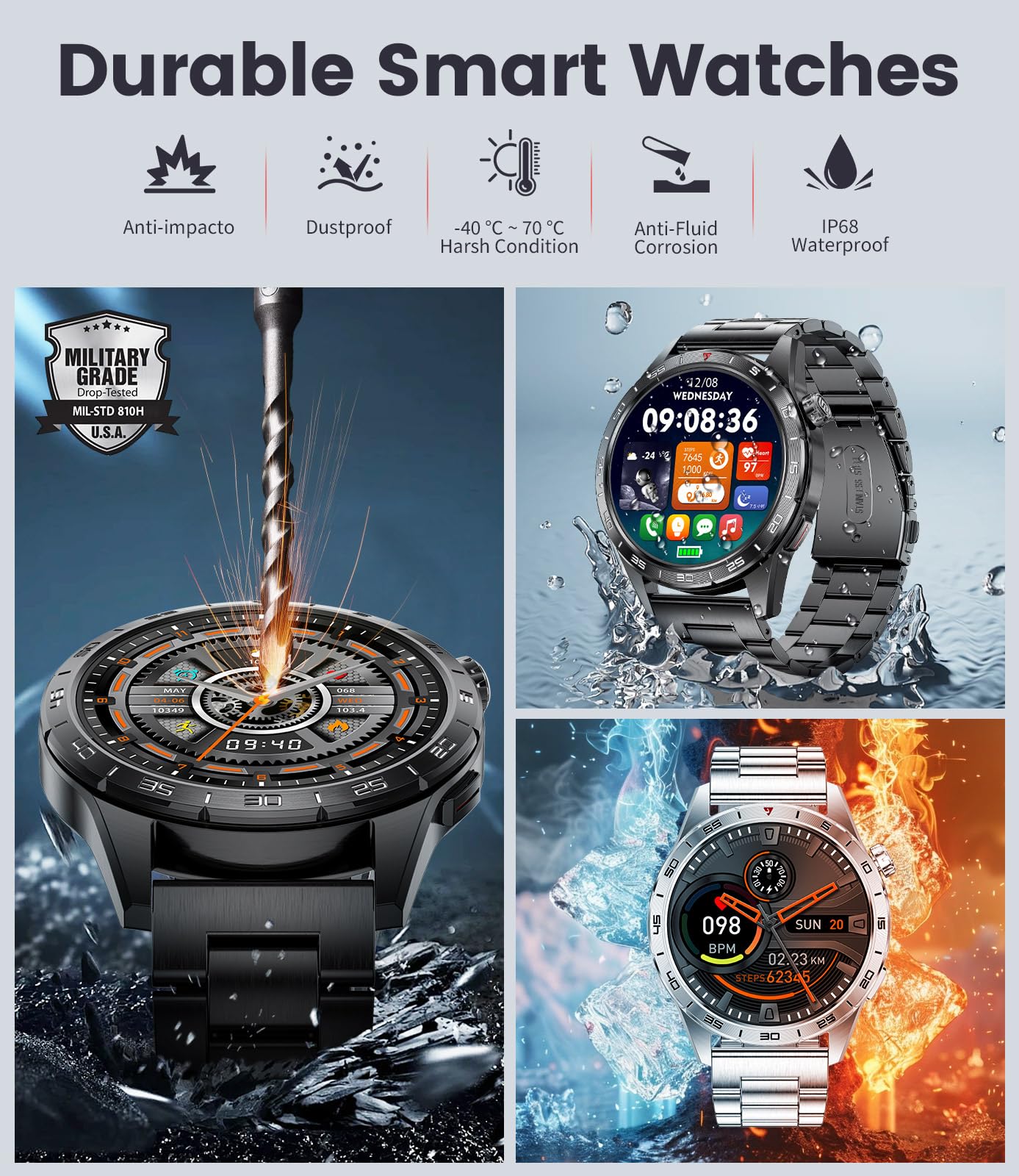 Smart Watch for Men (3 Straps),Answer/Make Calls,1.43'' AMOLED,IP68 Waterproof,110+ Sports Modes Fitness Watch with Sleep Monitor/SpO2/Heart Rate/Pedometer Rugged Outdoor Smart Watch for Android/iOS