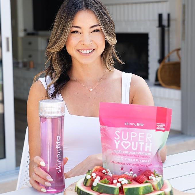 SkinnyFit - Super Youth, Strawberry Watermelon (28 Servings) - Multi Collagen Peptides Powder - Probiotics, Fiber, Hyaluronic Acid - Collagen for Women - Non GMO, Gluten Free, Sugar Free - Self Care