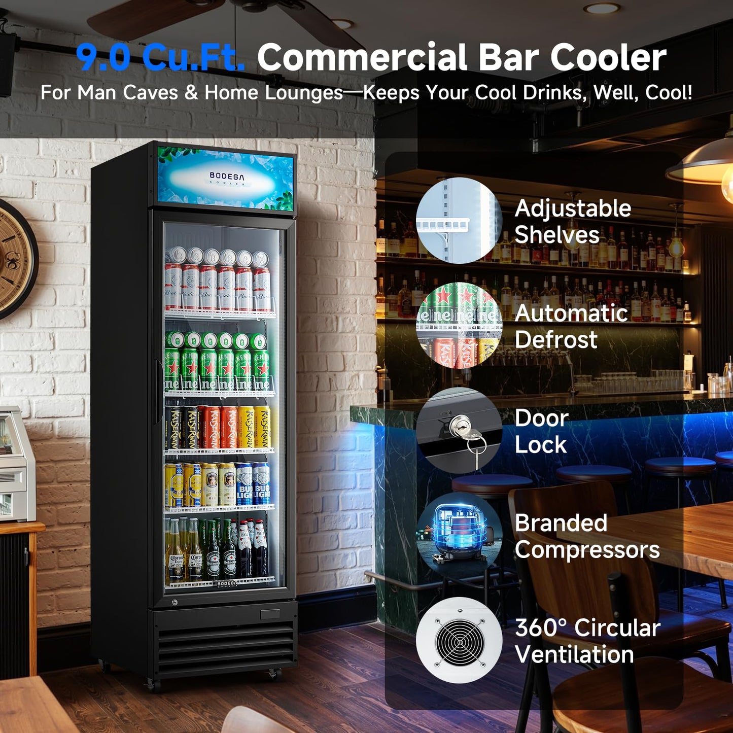 BODEGACOOLER Beverage Refrigerator and Cooler, Commercial Refrigerators with 4 shelves, Commercial Fridge with Soft LED Light. Merchandiser Refrigerators as Black Bar Cooler For Party, 9.0 Cu. Ft